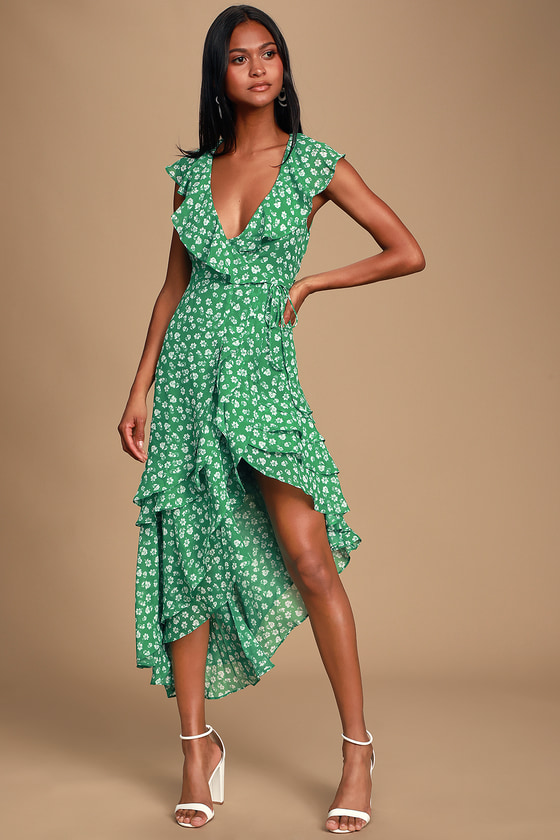 Cute Green Floral Print Dress - Ruffled ...